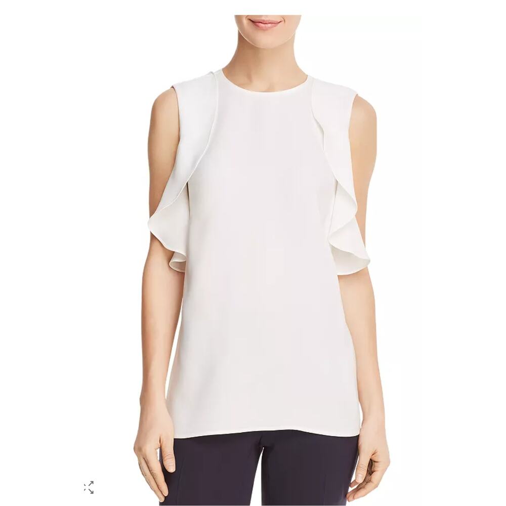 Lafayette 148 New York Ivory Harley Ruffle-Sleeve Silk Blouse, Size L